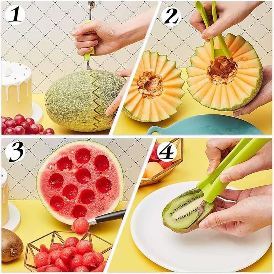 3-in-1 Fruit Digger Fruit Carving Knife Set Cutter Fruit Platter Separator Kitchen Gadgets Watermelon Ice Cream Baller Scoop 3